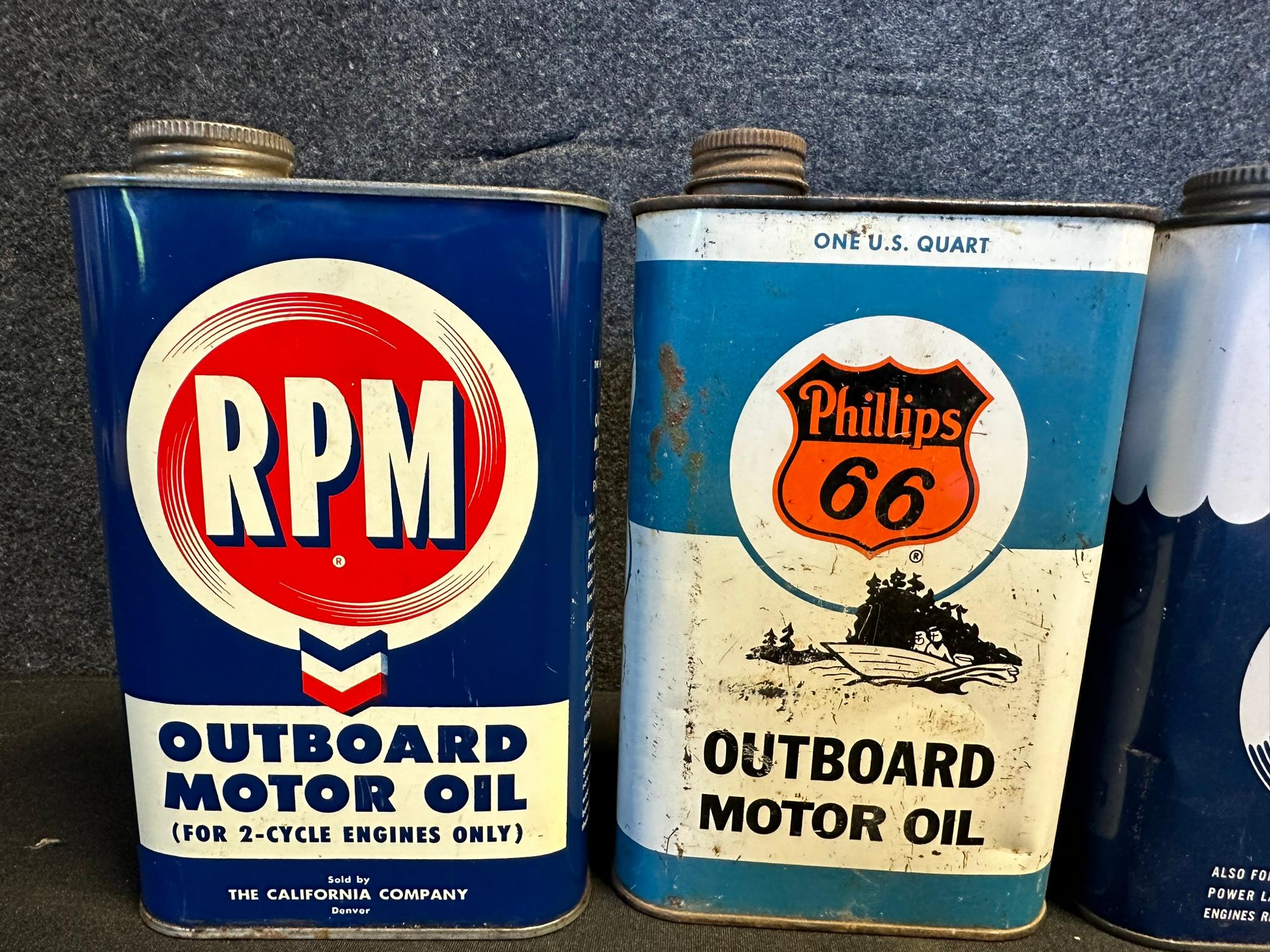 Lot 4 Outboard 1 Quart Motor Oil Cans: RPM, Phillips 66, Union 76 & Gulfpride