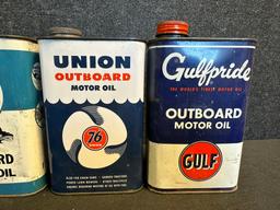 Lot 4 Outboard 1 Quart Motor Oil Cans: RPM, Phillips 66, Union 76 & Gulfpride