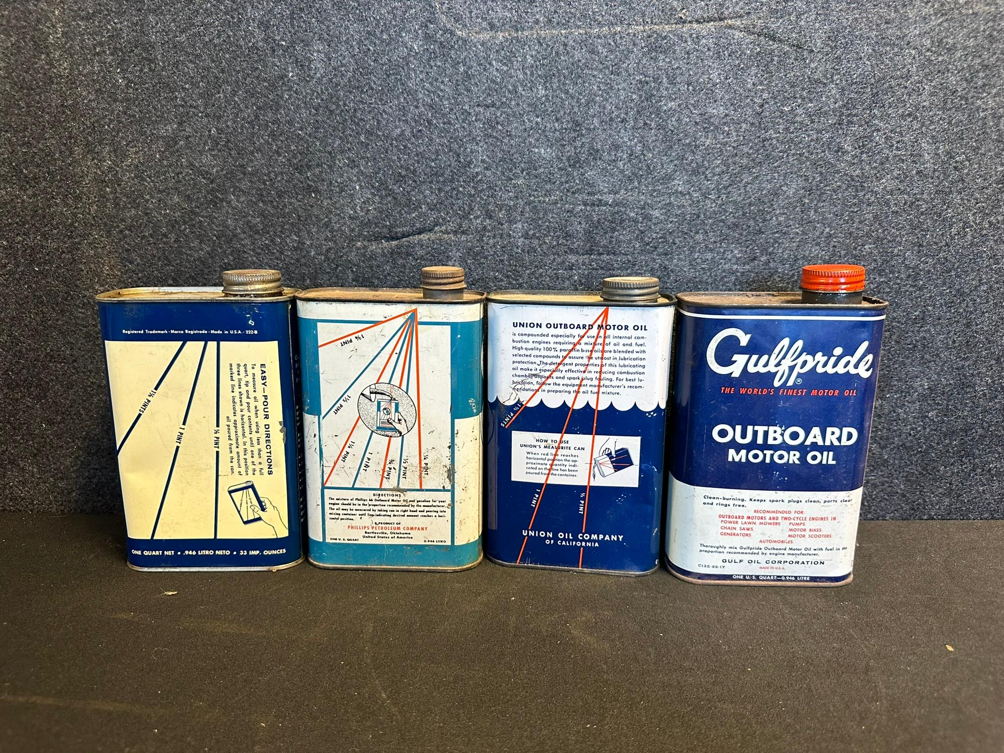 Lot 4 Outboard 1 Quart Motor Oil Cans: RPM, Phillips 66, Union 76 & Gulfpride