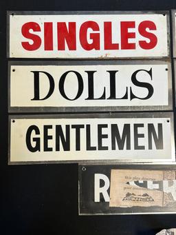 Lot of 7 NOS 1960s Novelty Tin Advertising Signs: Gentleman, Please Pay Cashier, Room For Rent, Etc