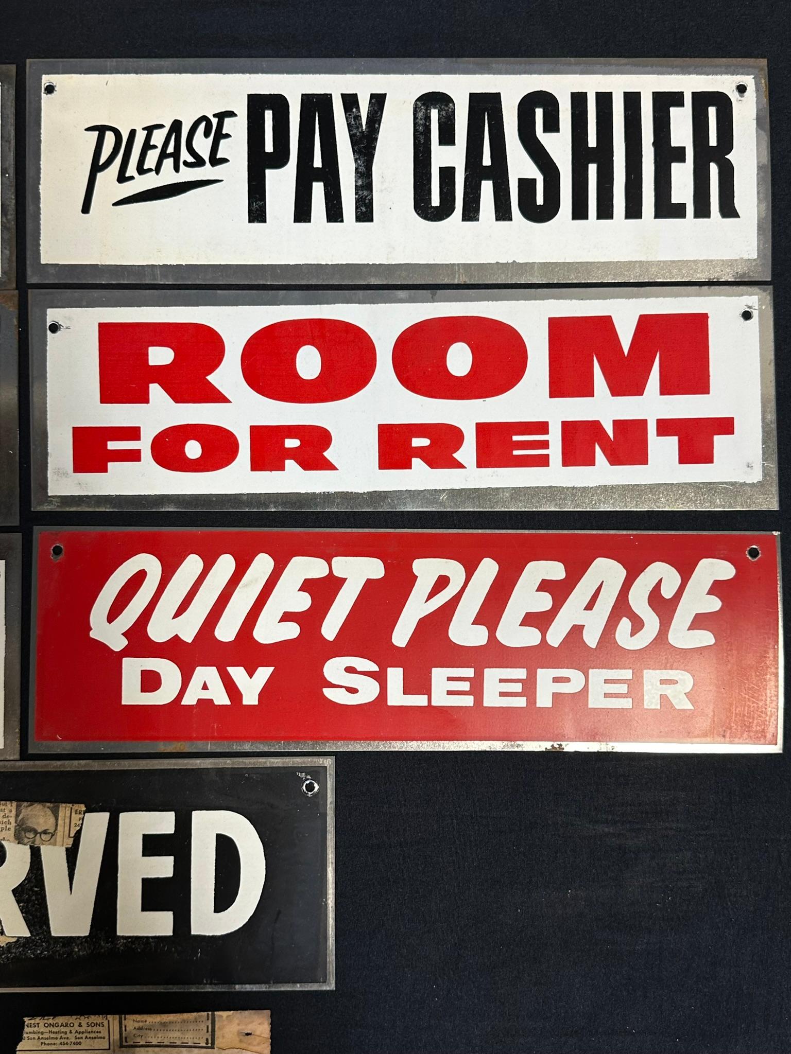 Lot of 7 NOS 1960s Novelty Tin Advertising Signs: Gentleman, Please Pay Cashier, Room For Rent, Etc