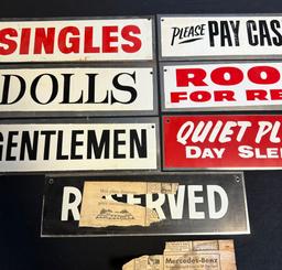 Lot of 7 NOS 1960s Novelty Tin Advertising Signs: Gentleman, Please Pay Cashier, Room For Rent, Etc