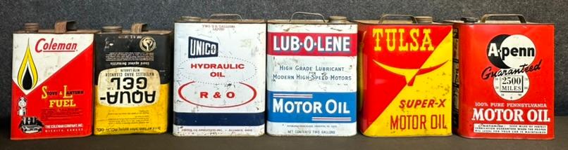 Lot 6 Motor Oil Cans: 4 2 Gallons Unico, Lub-O-Lene, Tulsa & APENN