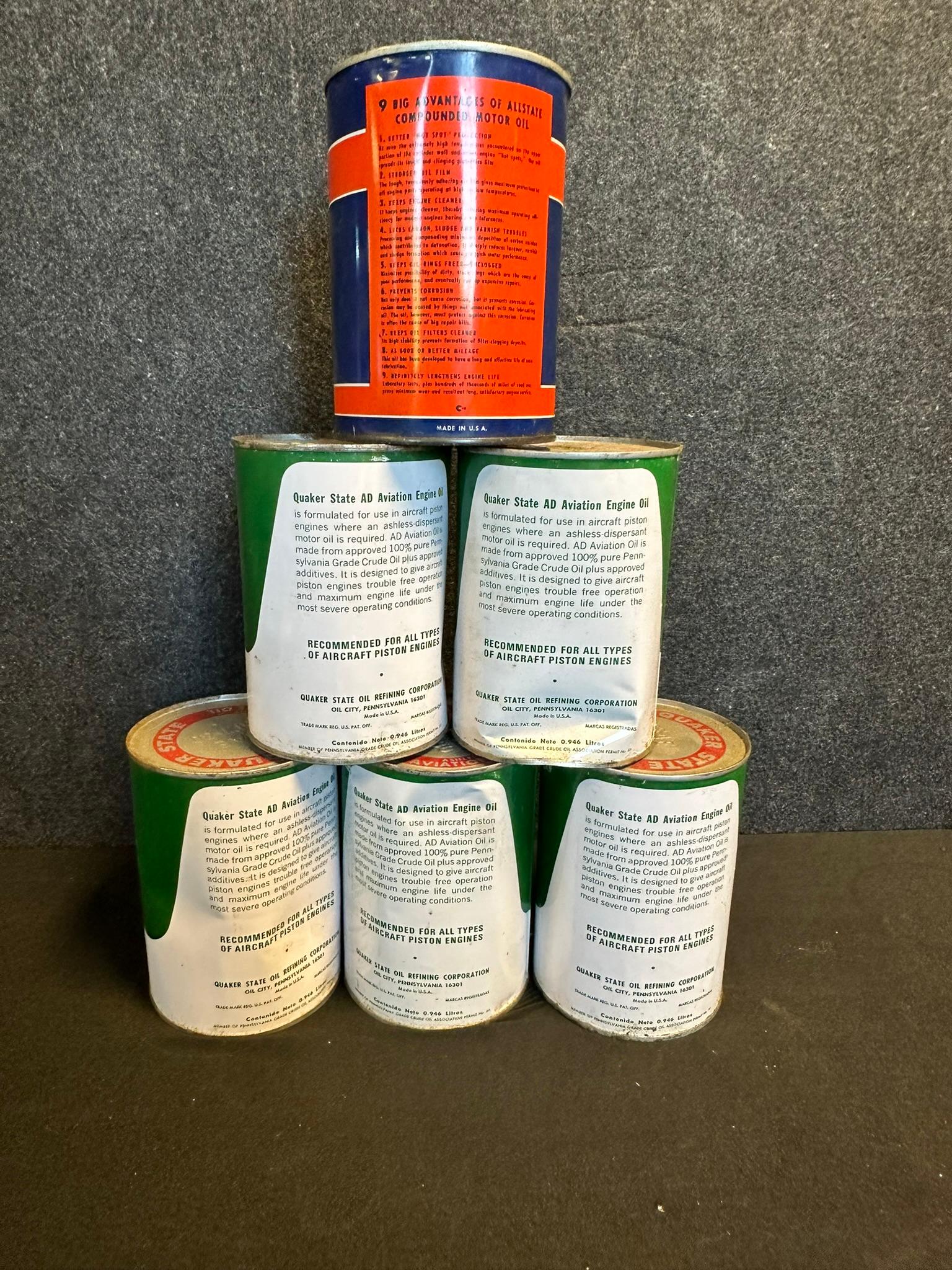 Lot 6 Quart Cans: 5 Quaker State AD Aviation FULL Quart Cans + Allstate Premium Quart