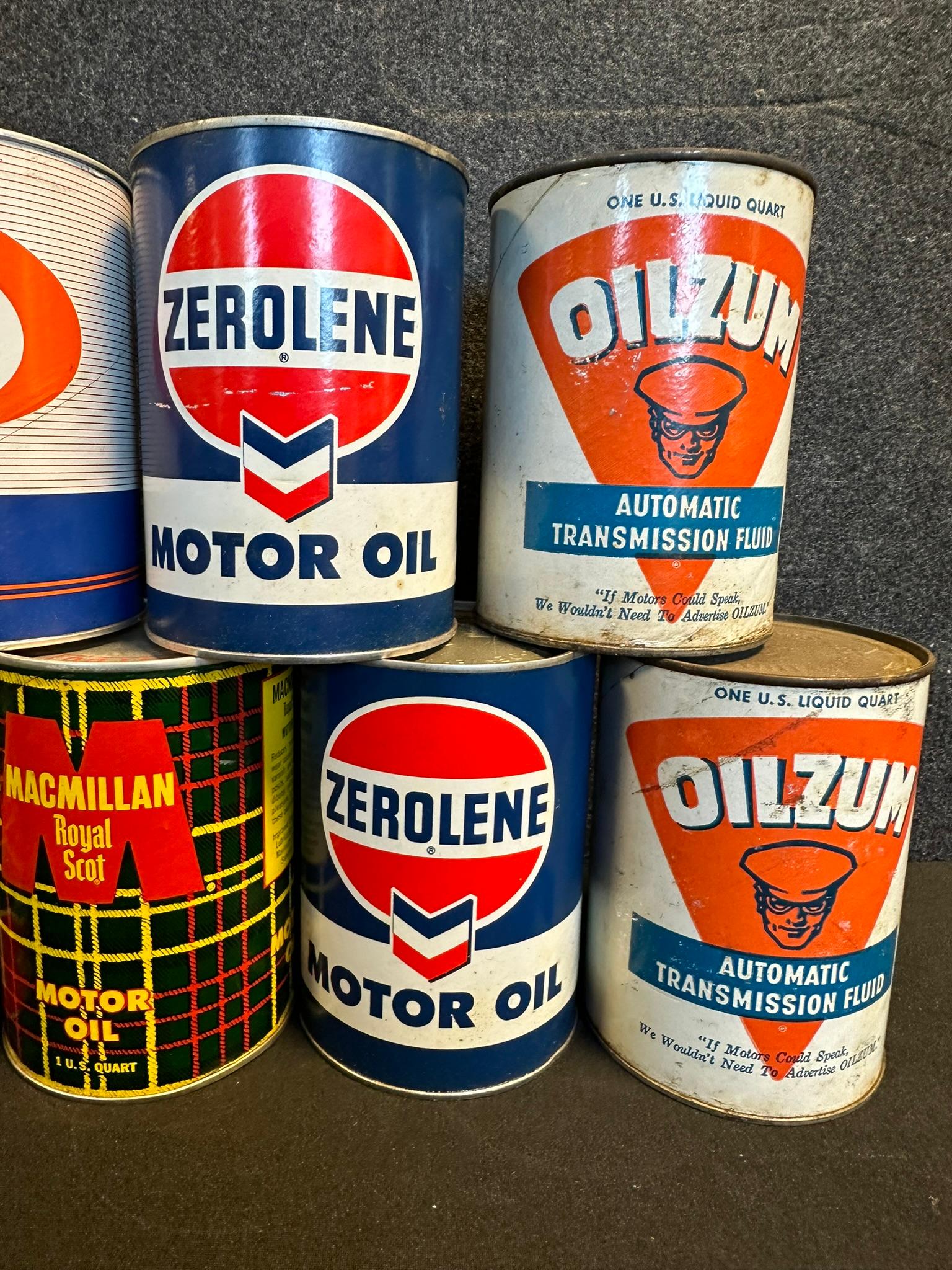 Lot 7 Full NOS Composite Quart Oil Cans: MacMillan, Zerolene, Oilzum, Empire State