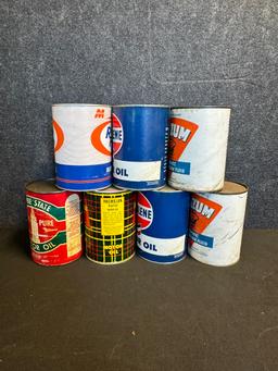 Lot 7 Full NOS Composite Quart Oil Cans: MacMillan, Zerolene, Oilzum, Empire State