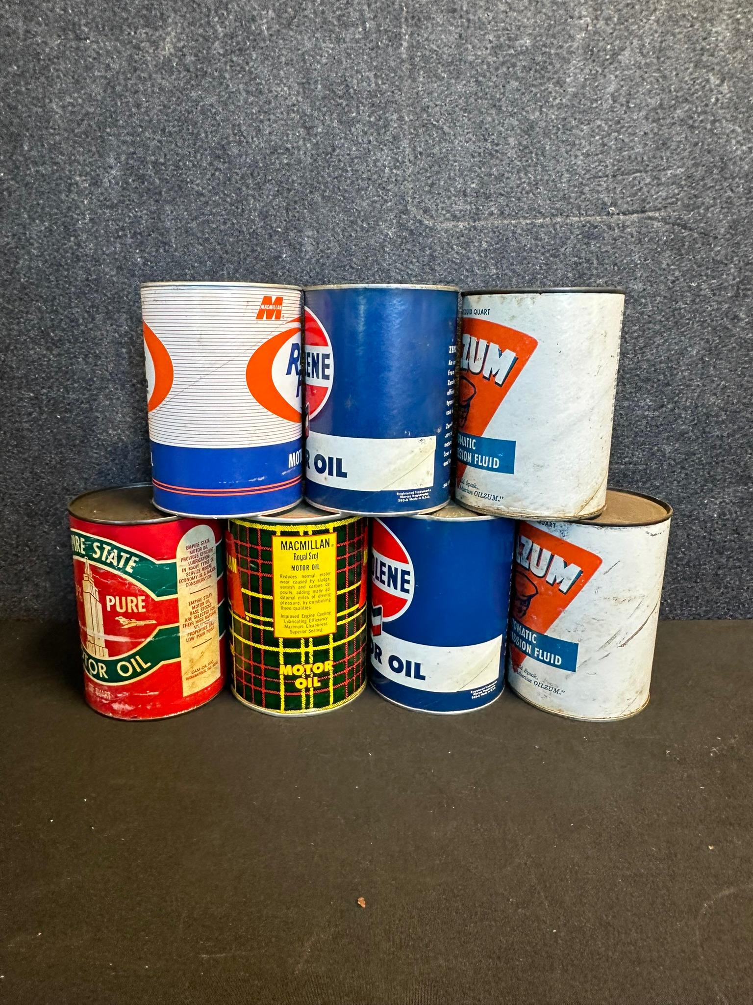 Lot 7 Full NOS Composite Quart Oil Cans: MacMillan, Zerolene, Oilzum, Empire State