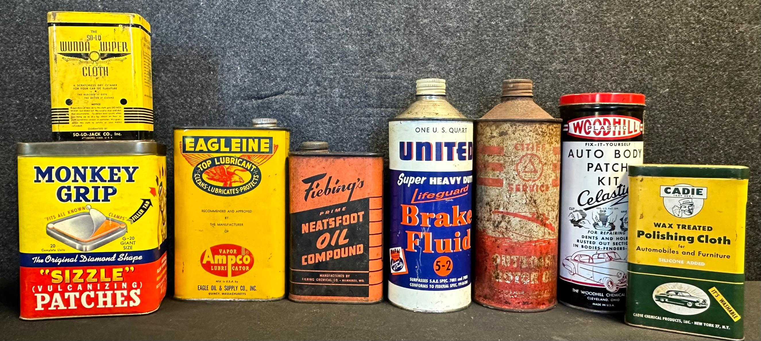 Lot of 8 Misc Vintage Service Station Cans: Eagleine, Fiebings, United Brake, Cities Service, Wood H