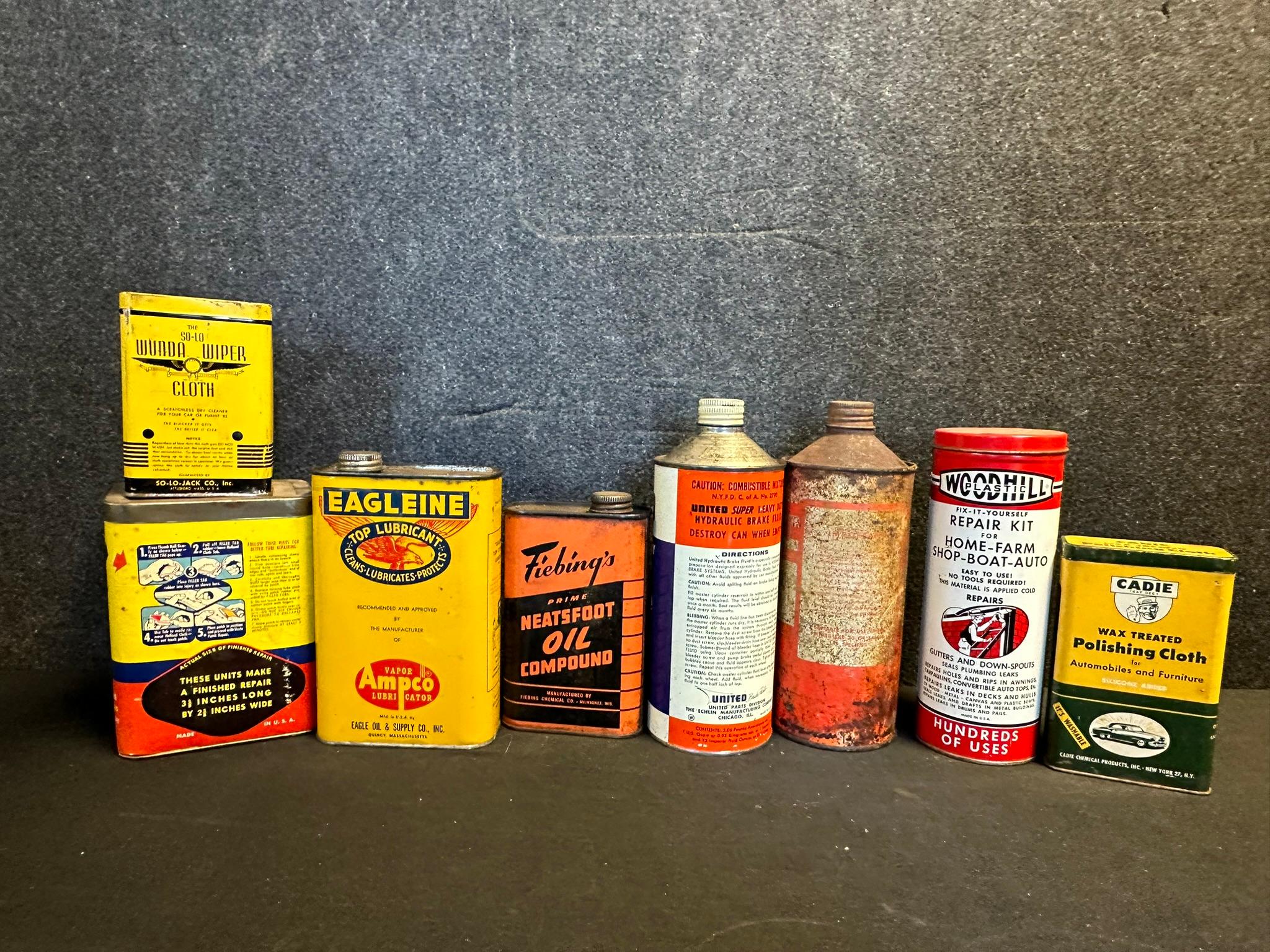 Lot of 8 Misc Vintage Service Station Cans: Eagleine, Fiebings, United Brake, Cities Service, Wood H