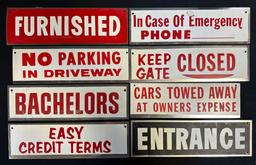 Lot of 8 NOS 1960s Novelty Tin Advertising Signs: Furnished, Bachelors, Easy Credit Terms