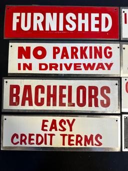 Lot of 8 NOS 1960s Novelty Tin Advertising Signs: Furnished, Bachelors, Easy Credit Terms