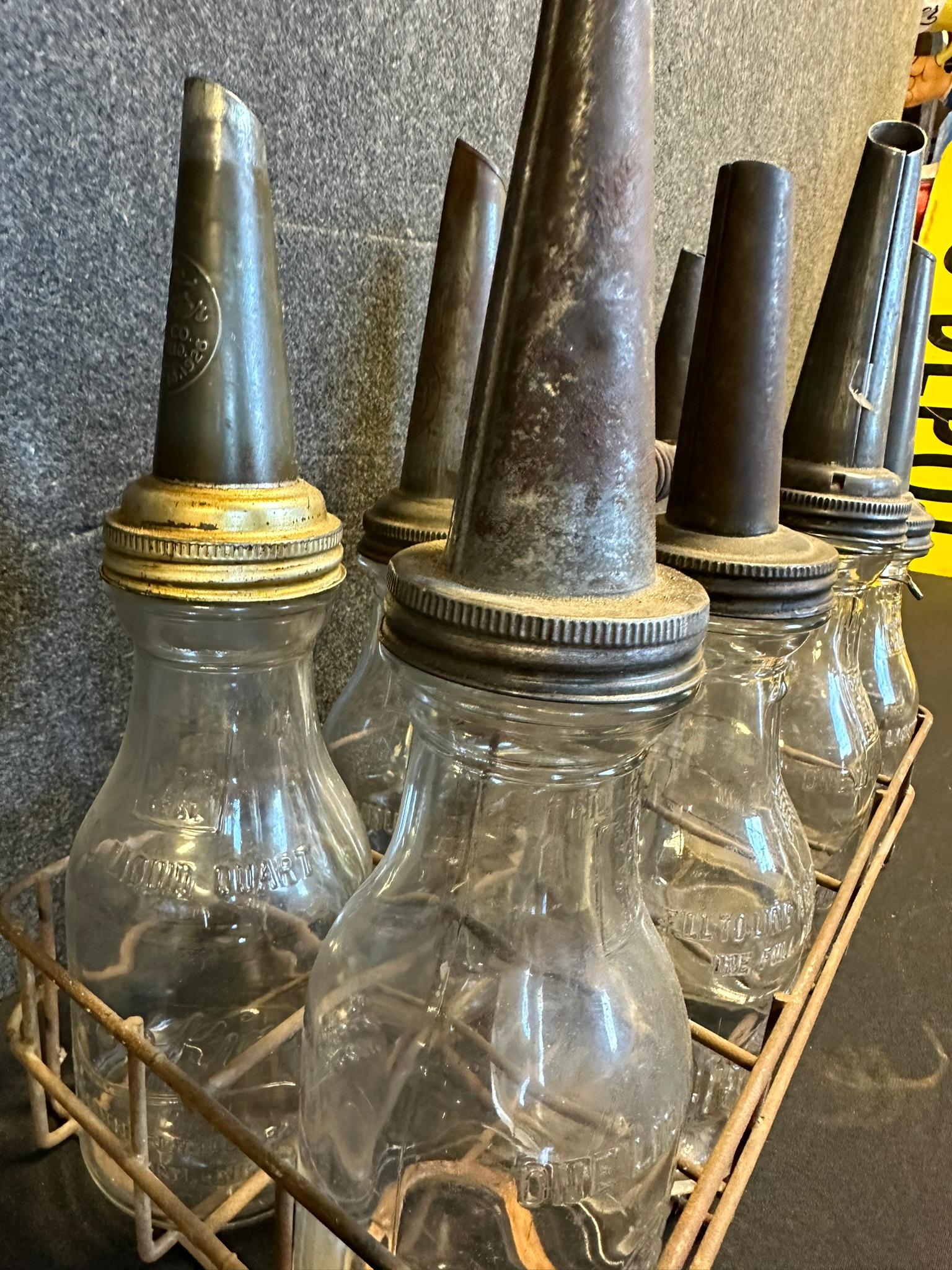 Lot 8 Early 20s-30s Huffman & Brookins Glass Quart Oil Bottles w/ Carrier