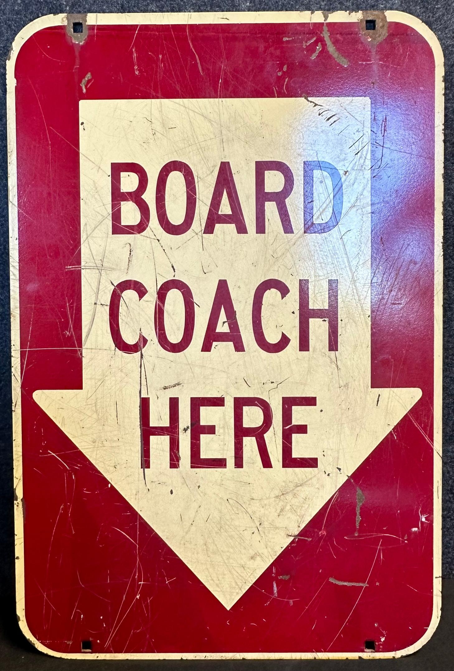 1930s Board Coach Here Double Sided Heavy Painted Metal Sign