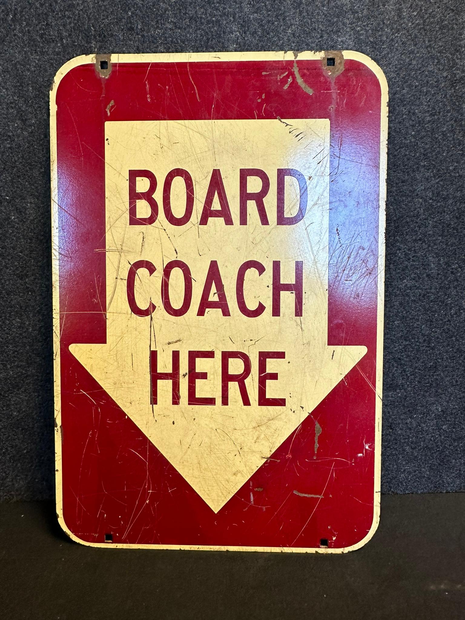 1930s Board Coach Here Double Sided Heavy Painted Metal Sign