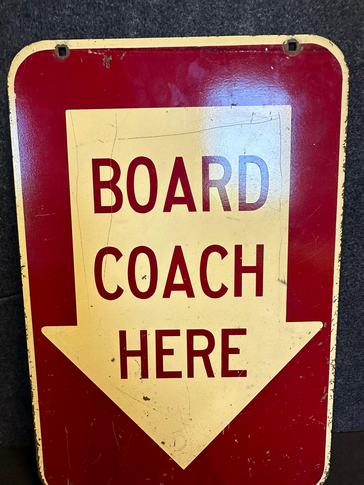 1930s Board Coach Here Double Sided Heavy Painted Metal Sign