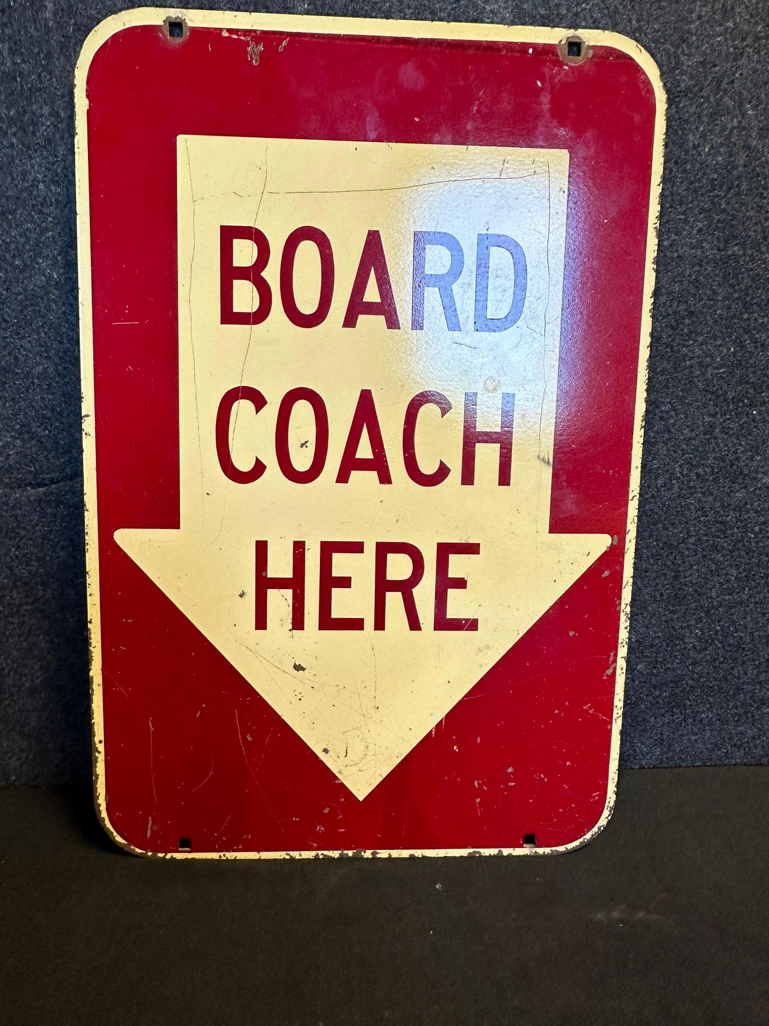 1930s Board Coach Here Double Sided Heavy Painted Metal Sign