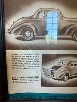 1939 Plymouth Couple Pickup Truck Paper Advertising Dealer Display Sign Framed