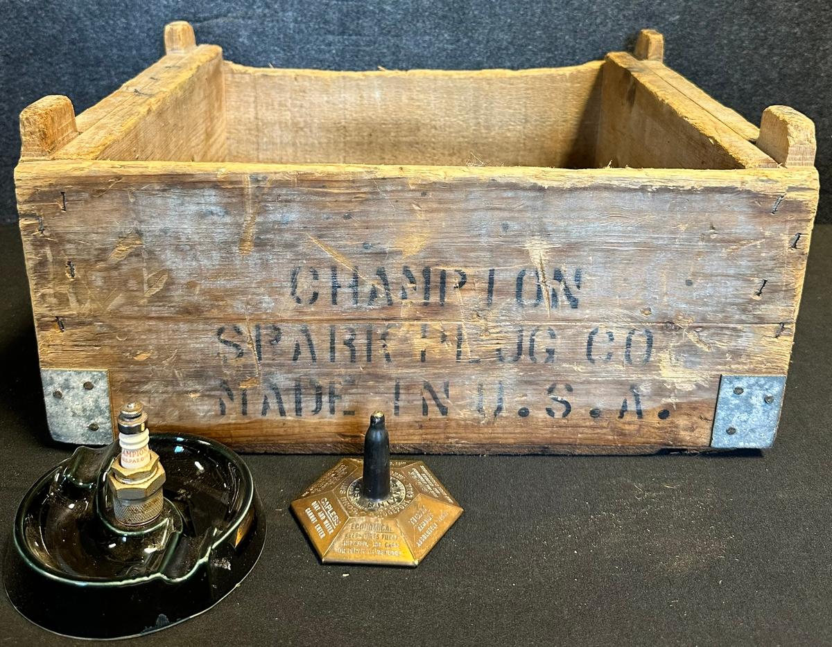 Champion Spark Plug Lot: Wooden Shipping Crate, Ashtray & Jenkins Bros Valve Store Display