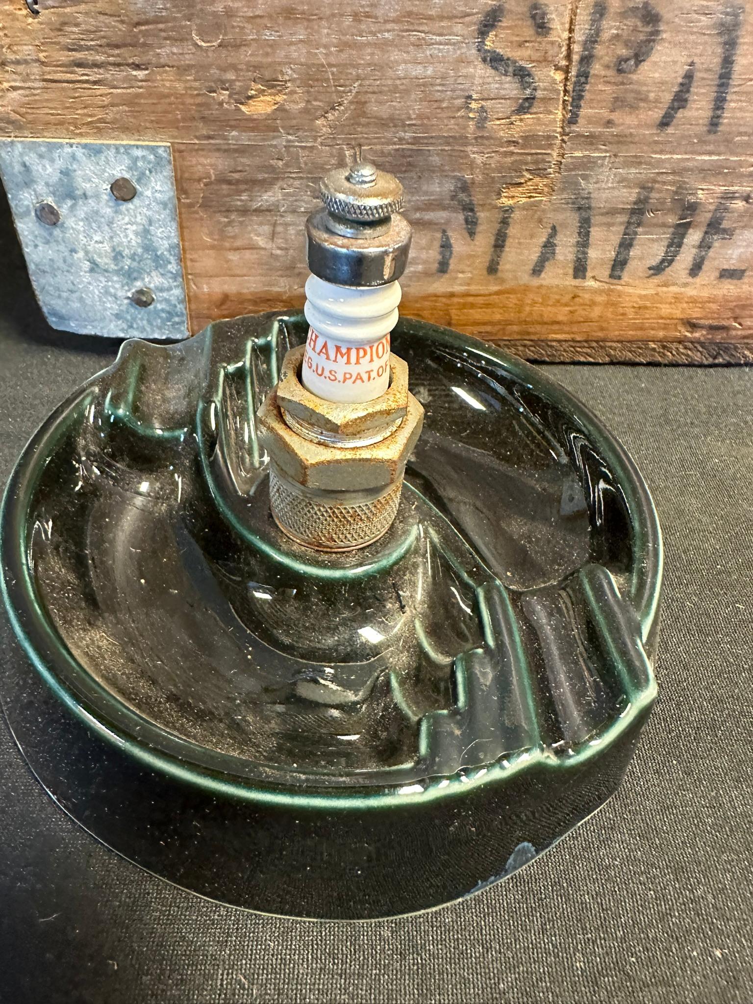 Champion Spark Plug Lot: Wooden Shipping Crate, Ashtray & Jenkins Bros Valve Store Display