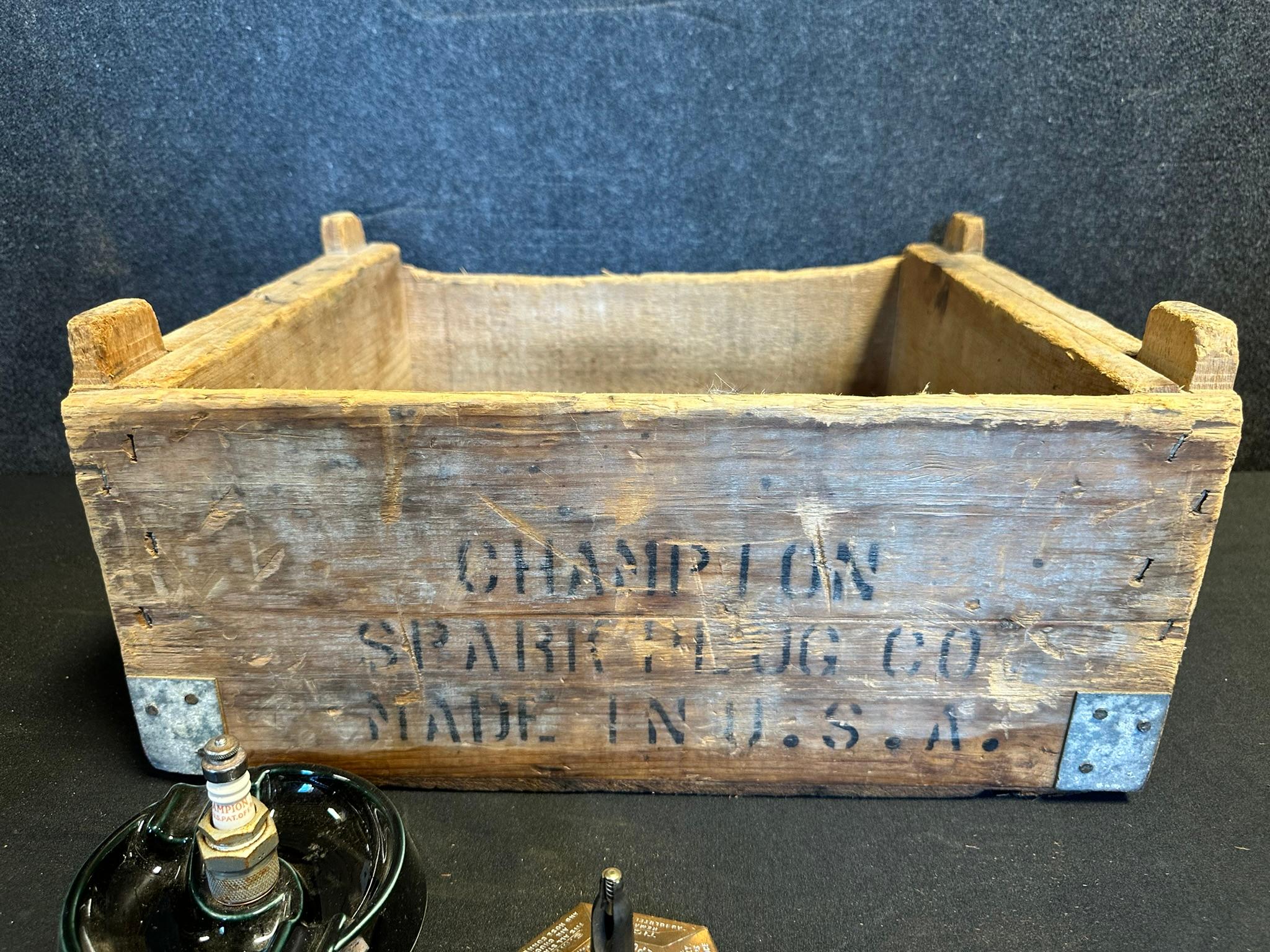 Champion Spark Plug Lot: Wooden Shipping Crate, Ashtray & Jenkins Bros Valve Store Display