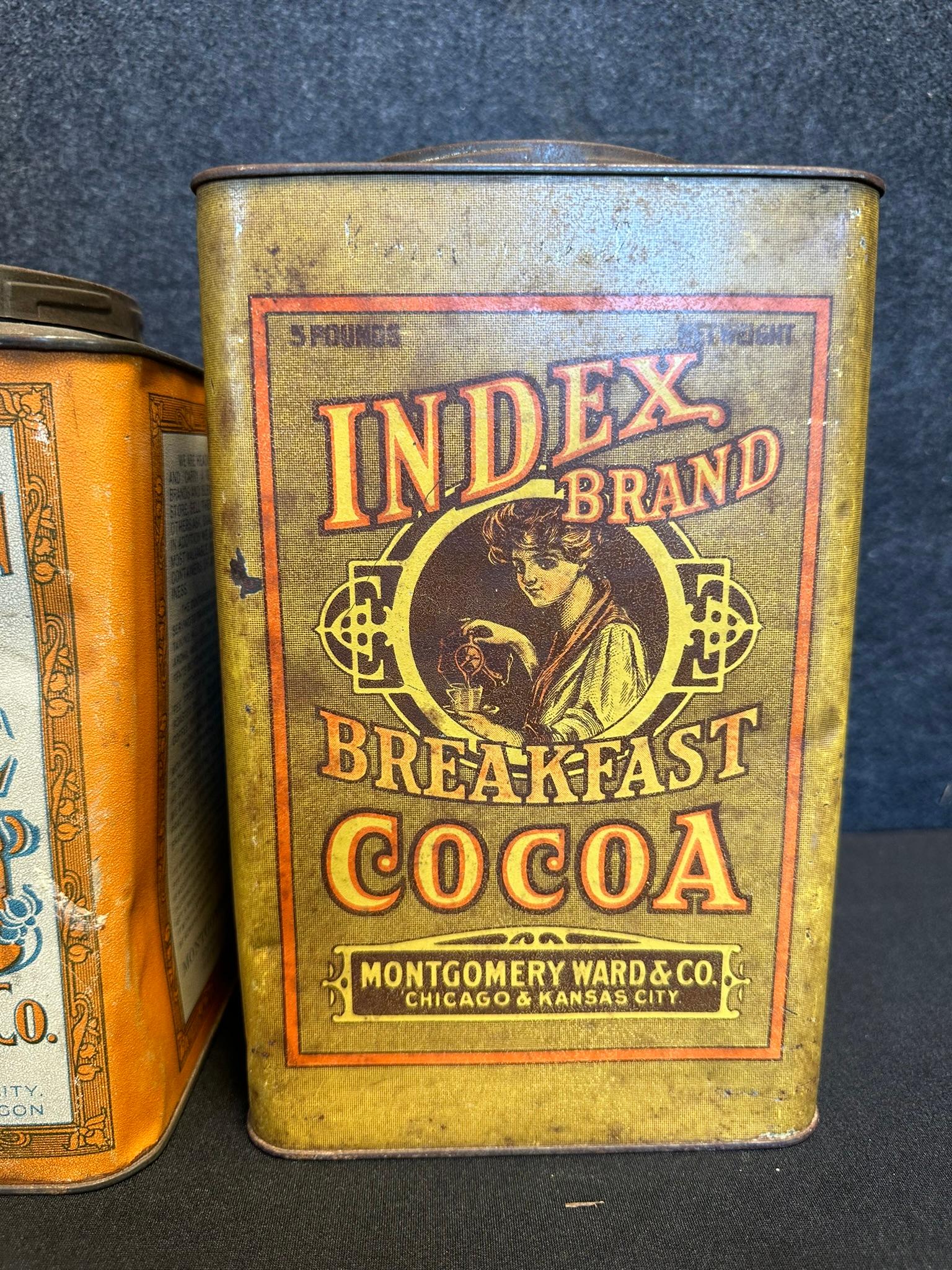 Pair Antique 1900s Mongtomery Ward Java & Arabian Mocha + Index Brand Breakfast Cocoa 5lb Tin Cans