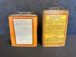 Pair Antique 1900s Mongtomery Ward Java & Arabian Mocha + Index Brand Breakfast Cocoa 5lb Tin Cans