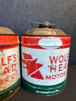 Pair Wolf's Head Motor Oil 5 Gallon Metal Advertising Cans