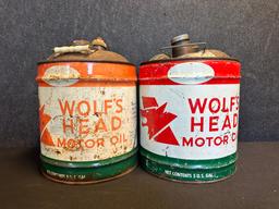 Pair Wolf's Head Motor Oil 5 Gallon Metal Advertising Cans
