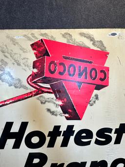 1950s Conoco Hottest Brand Going & Oil-Plate w/ Super Motor Oil Double Sided Painted Metal Advertisi