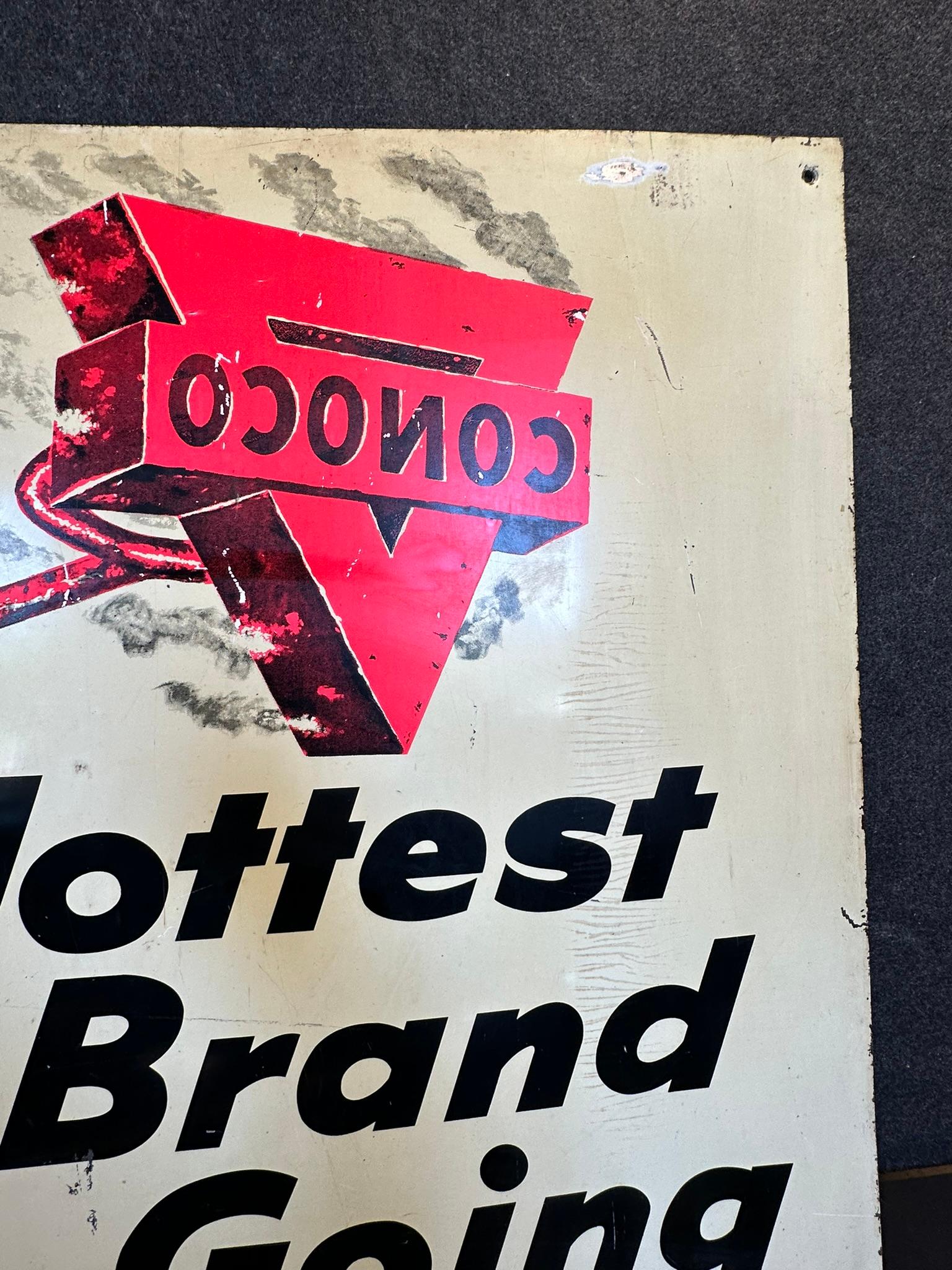 1950s Conoco Hottest Brand Going & Oil-Plate w/ Super Motor Oil Double Sided Painted Metal Advertisi