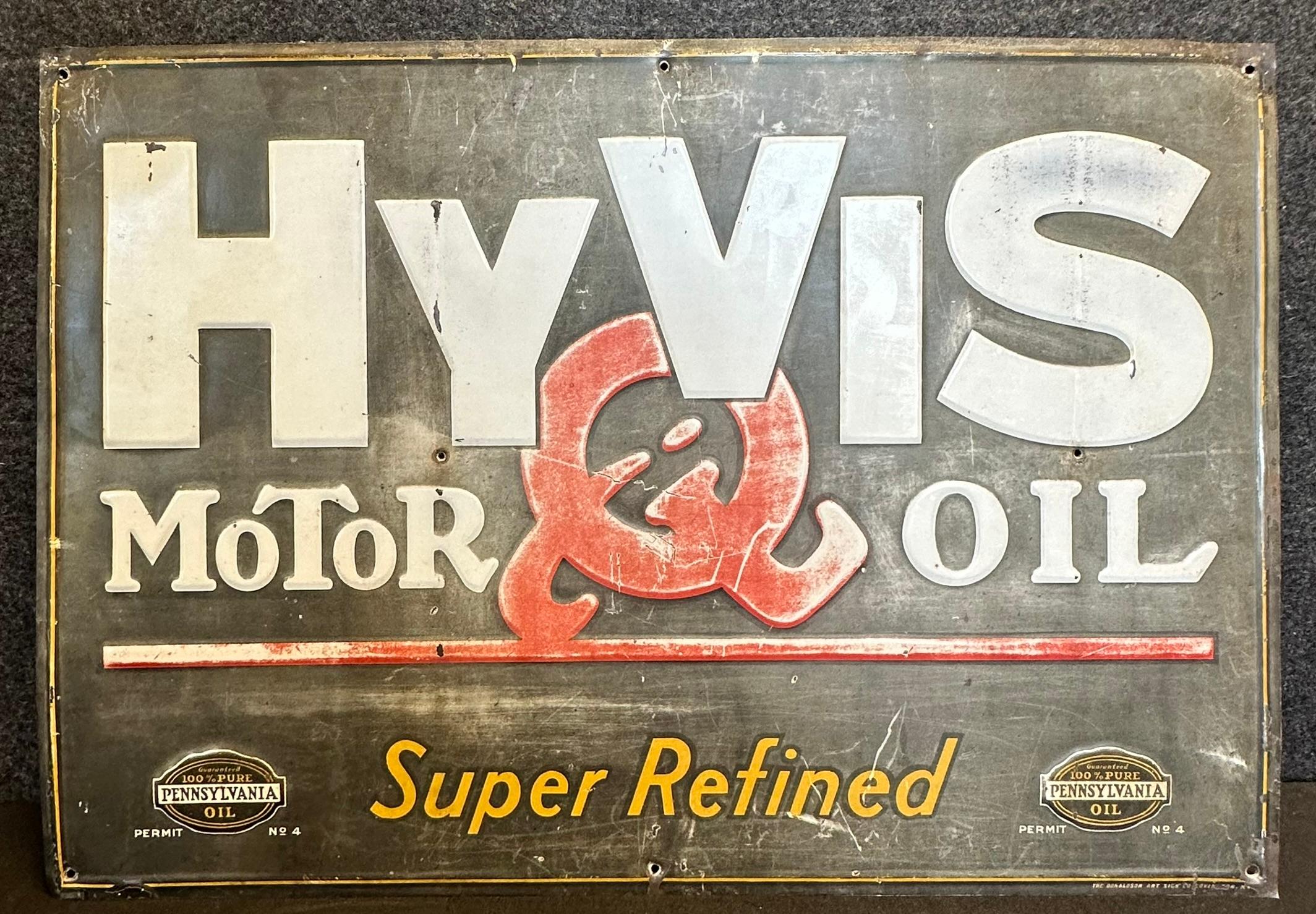 Hyvis Embossed Motor Oils Super Refined 1930s Tin Tacker Advertising Sign