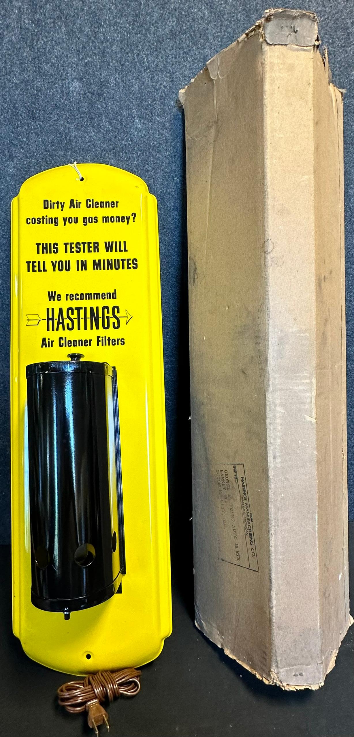 Rare NOS 1950s Hastings Air Cleaner Tester Lighted Advertising Store Display w/ Original Shipping Bo