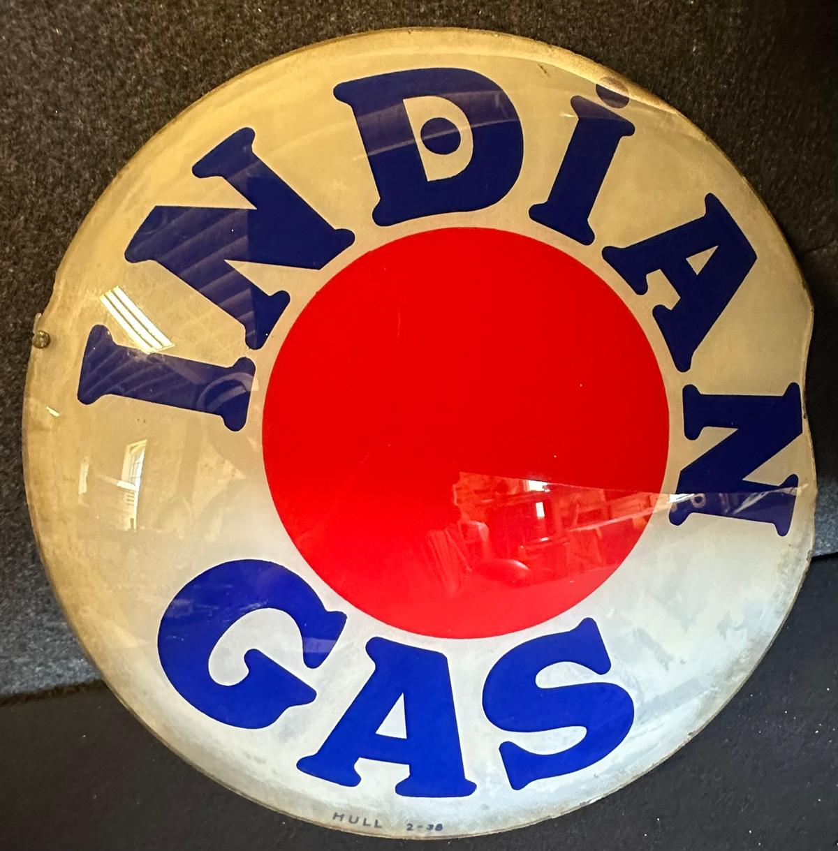 Indian Gas Single Glass 13.5" Gas Pump Globe Lense by Hull Dated February 1938