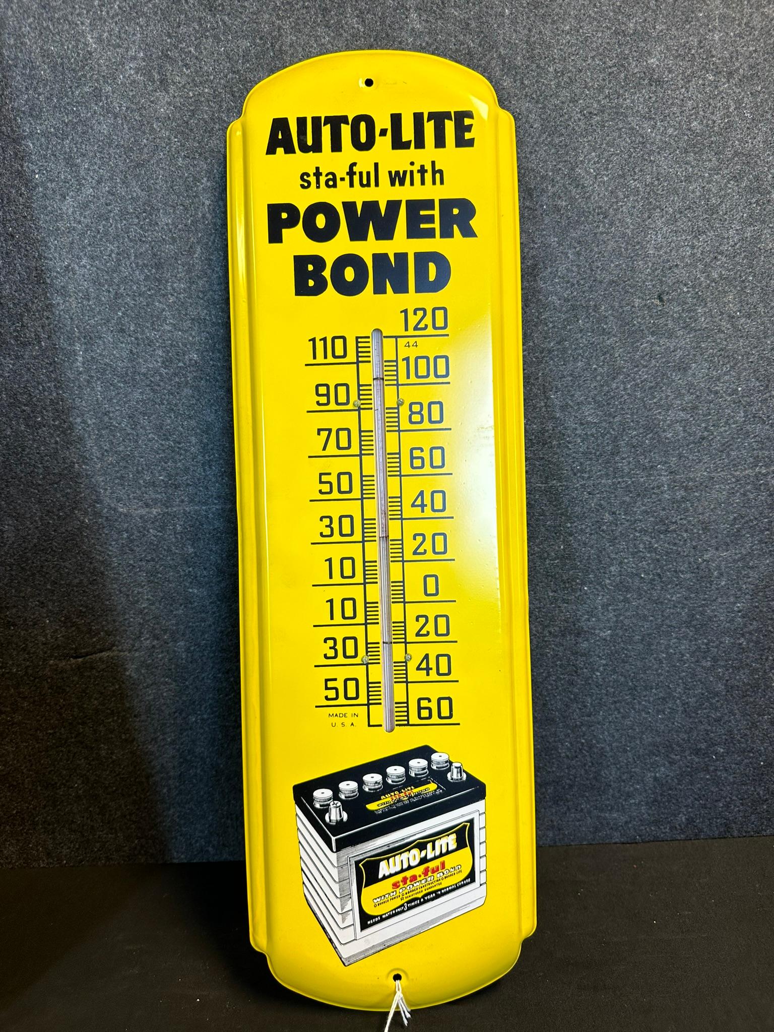 NOS 1950s Autolite Sta-Ful w/ Power Bond Painted Metal Advertising Thermometer Sign MINT