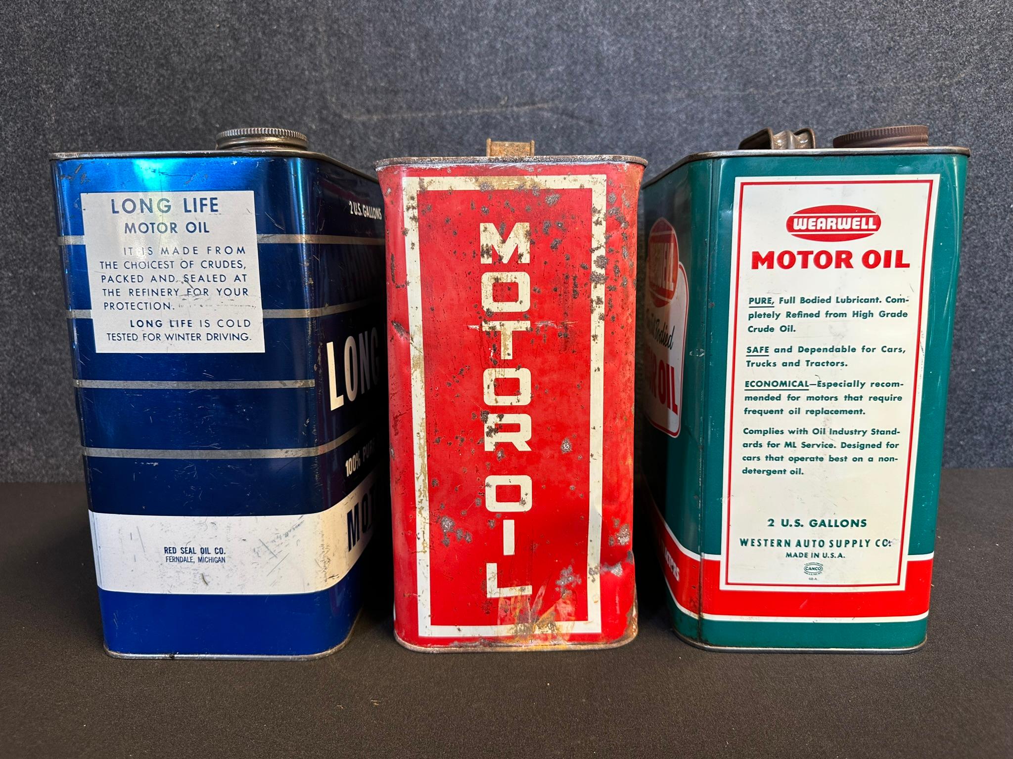 Lot 3 2 Gallon Motor Oil Cans: Long Life, E-Kon-O-Mee, Wearwell