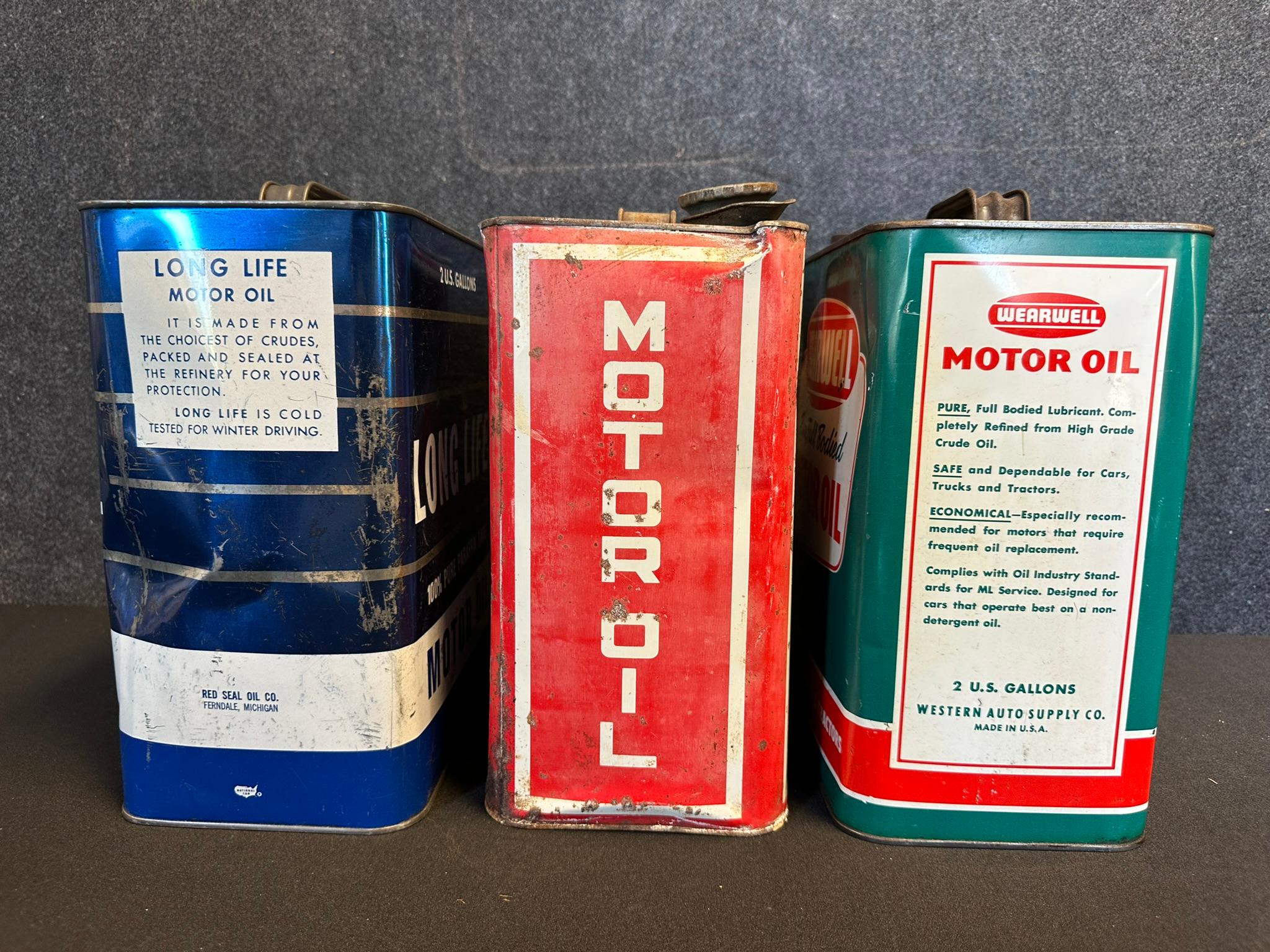 Lot 3 2 Gallon Motor Oil Cans: Long Life, E-Kon-O-Mee, Wearwell