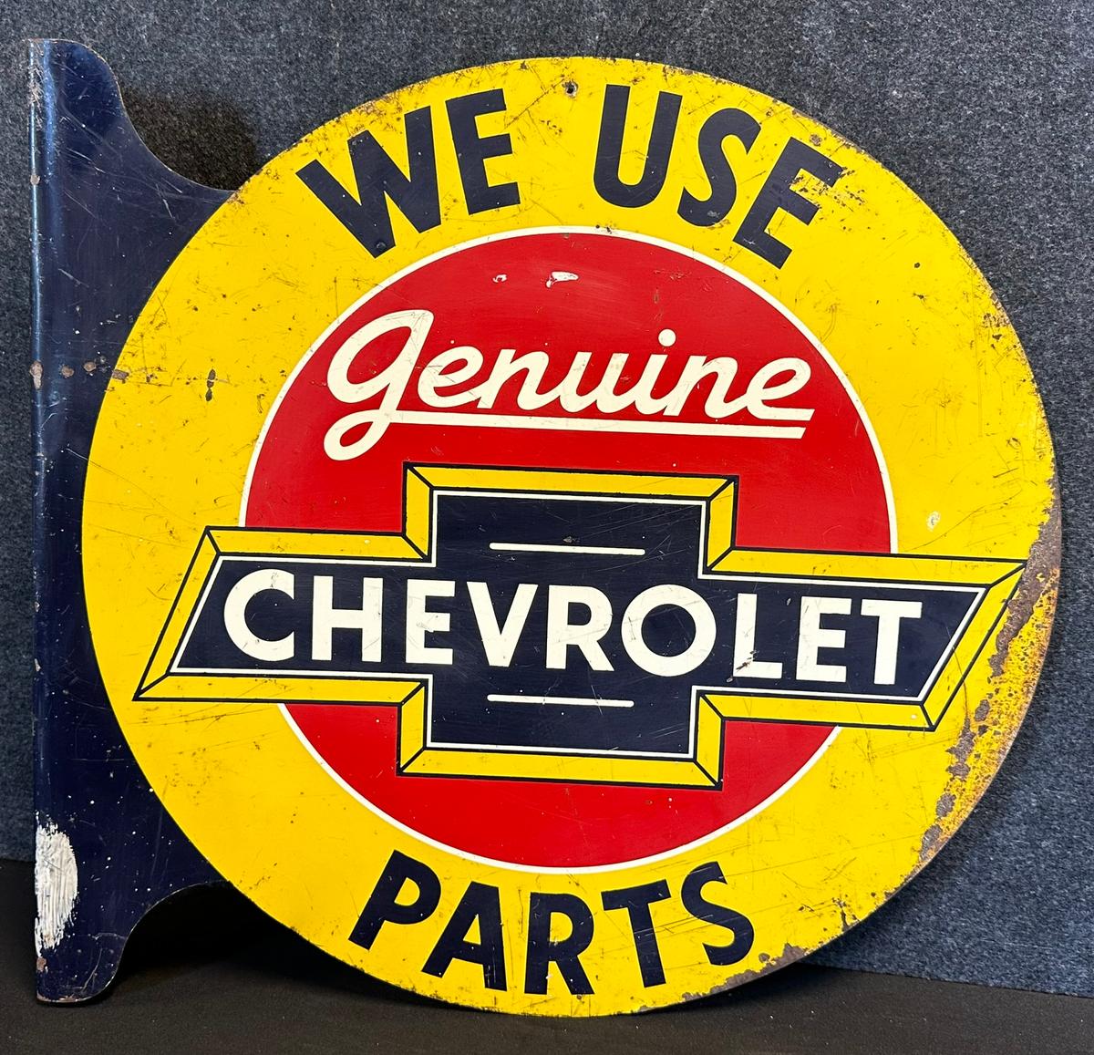 Chevrolet Genuine Parts Double Sided Painted Metal Dealer Flange Advertising Sign Ca. 1940s