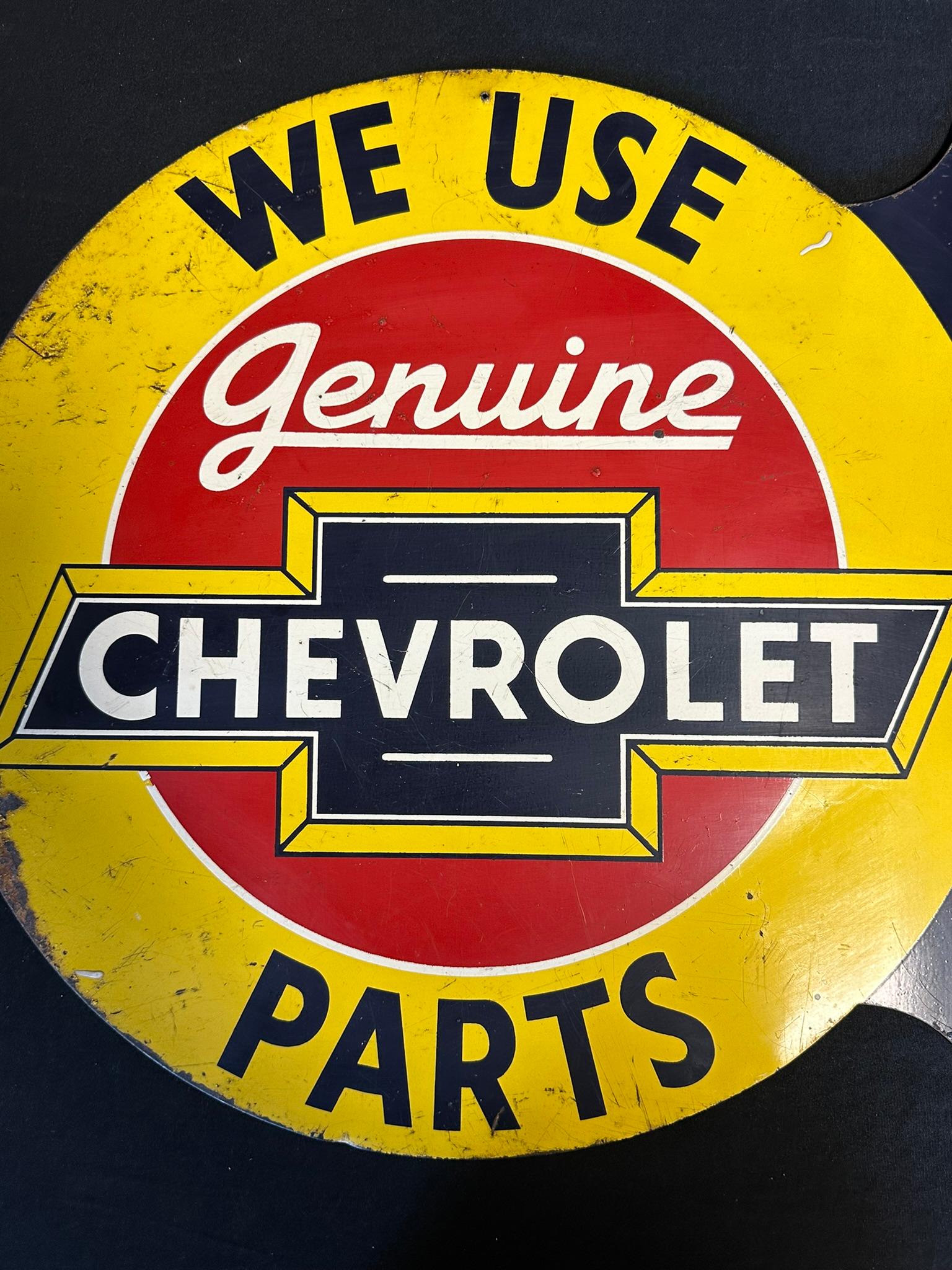 Chevrolet Genuine Parts Double Sided Painted Metal Dealer Flange Advertising Sign Ca. 1940s