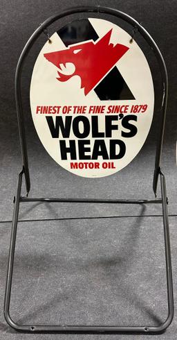 Wolf's Head New Old Stock Curbside Advertising Double Sided Painted Metal Sign w/ Stand & Box
