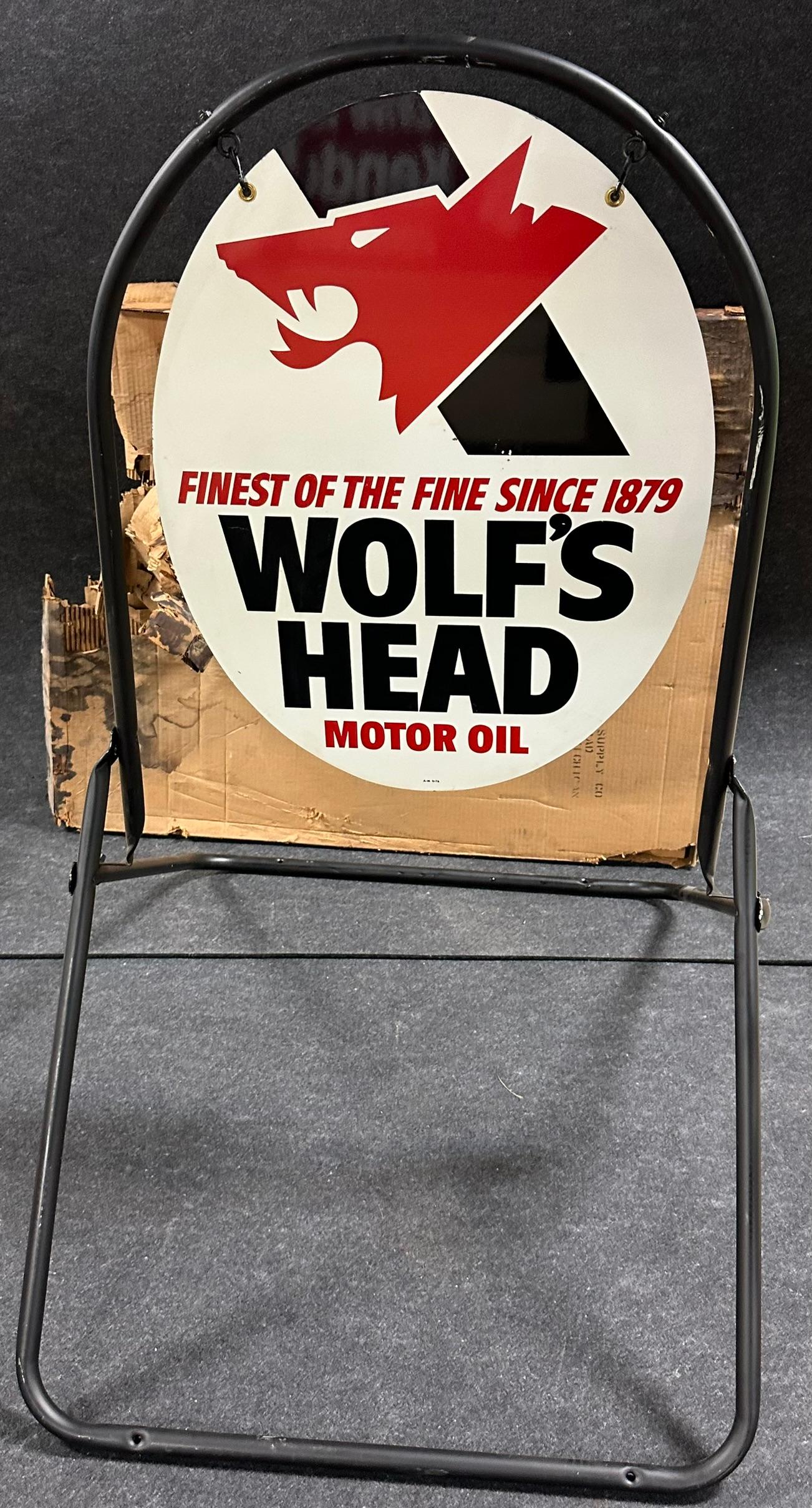 Wolf's Head New Old Stock Curbside Advertising Double Sided Painted Metal Sign w/ Stand & Box