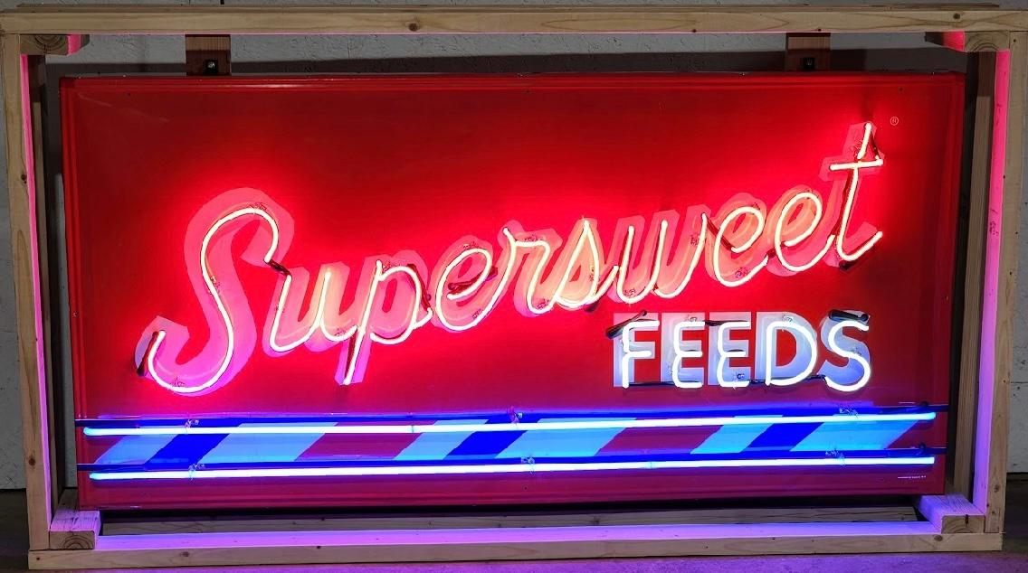 1950s Supersweet Feeds Original Tin Metal Neon Advertising Sign