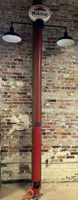 11.5' Tall Cast Iron Dual Blue Porcelain Shade Service Station Lamp Pole w/ Air Hookup & Mobil Gargo