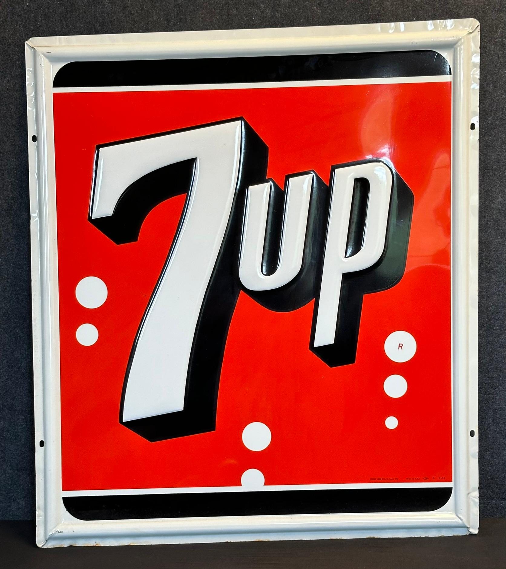 1963 Dated 7up 3' Tall Embossed Near Mint Tin Metal Advertising Sign