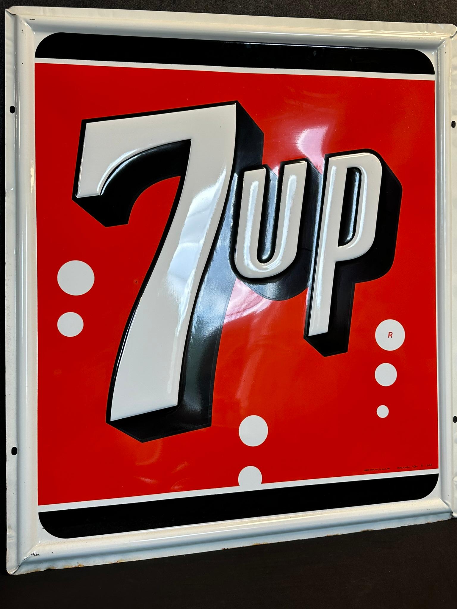 1963 Dated 7up 3' Tall Embossed Near Mint Tin Metal Advertising Sign