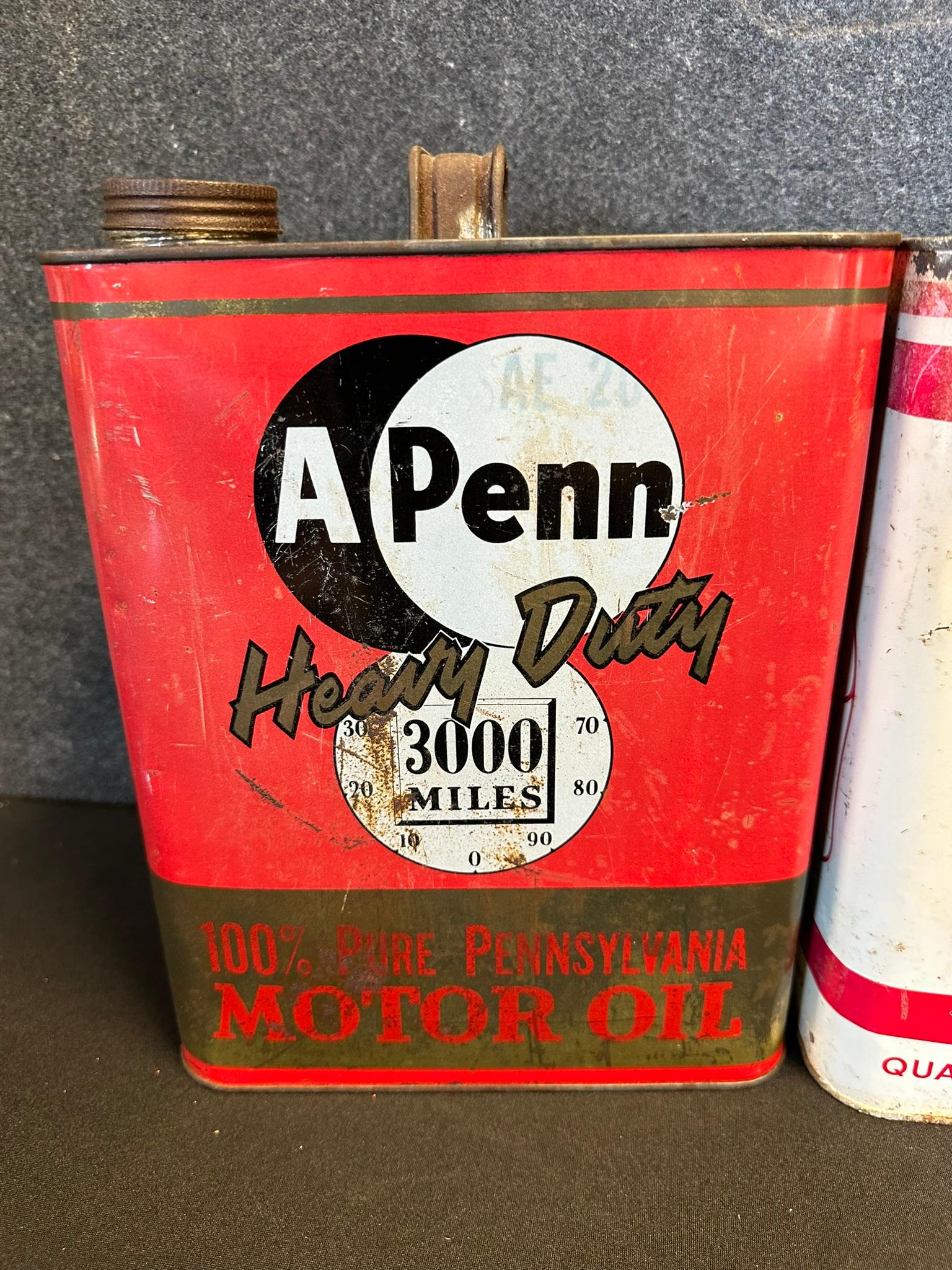 Lot of 3 Original 2 Gallon Motor Oil Cans: APENN, Super Lube Quality & Homoco Lube