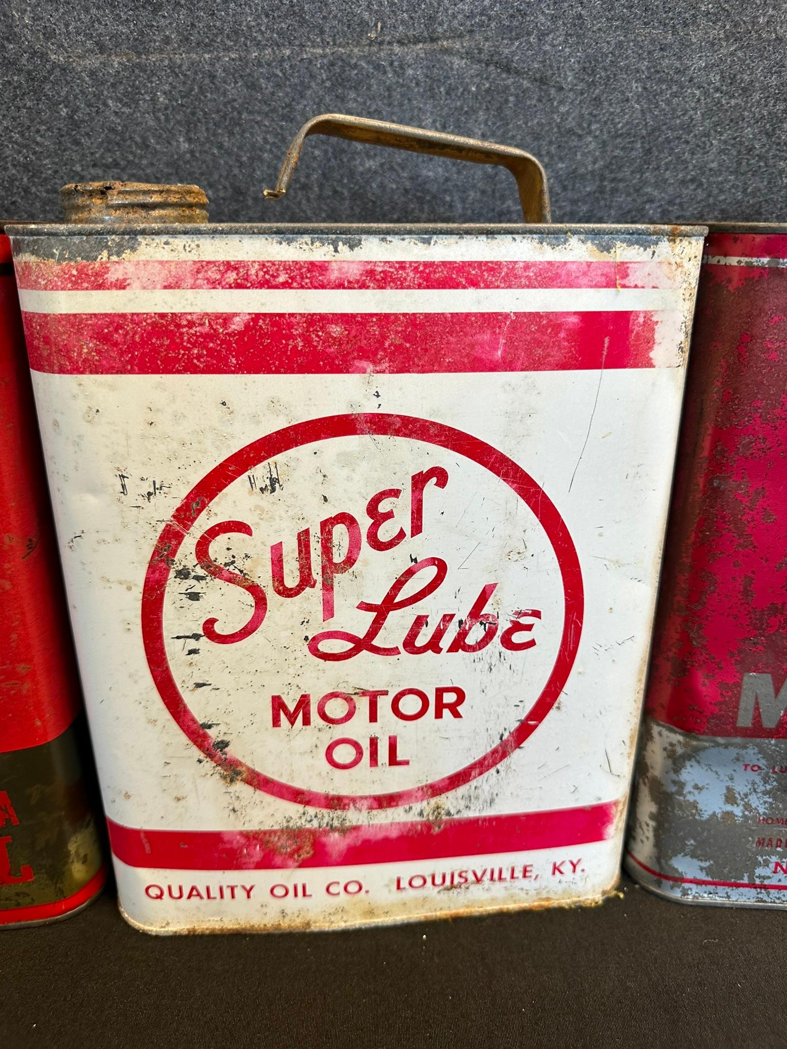 Lot of 3 Original 2 Gallon Motor Oil Cans: APENN, Super Lube Quality & Homoco Lube