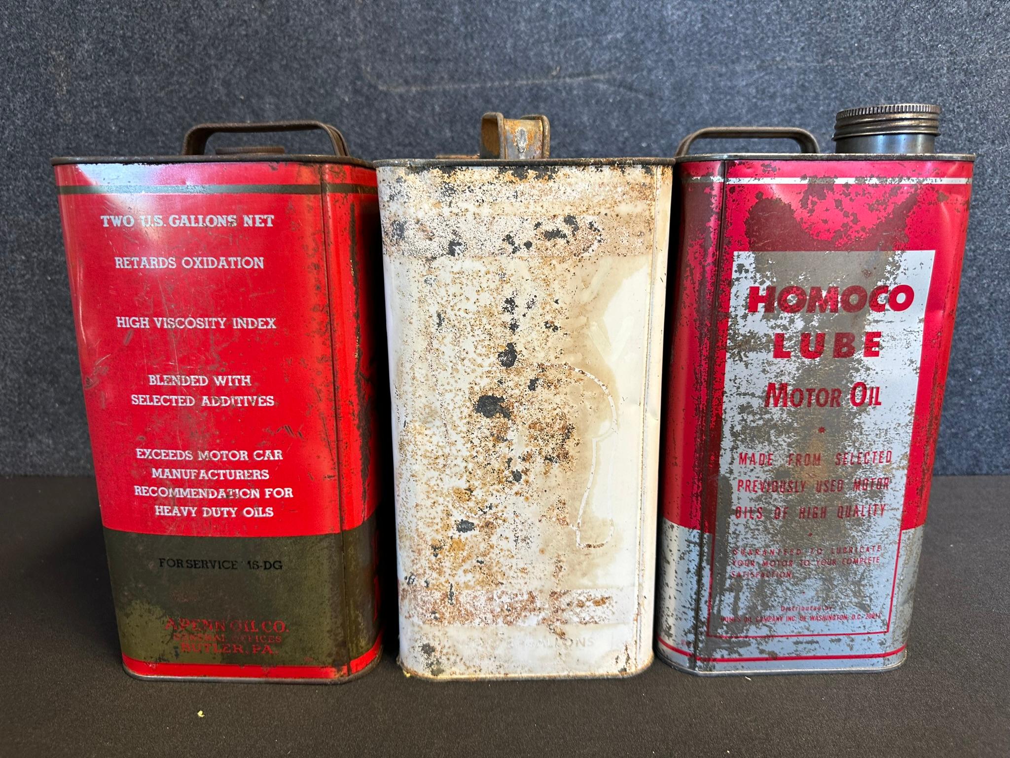 Lot of 3 Original 2 Gallon Motor Oil Cans: APENN, Super Lube Quality & Homoco Lube