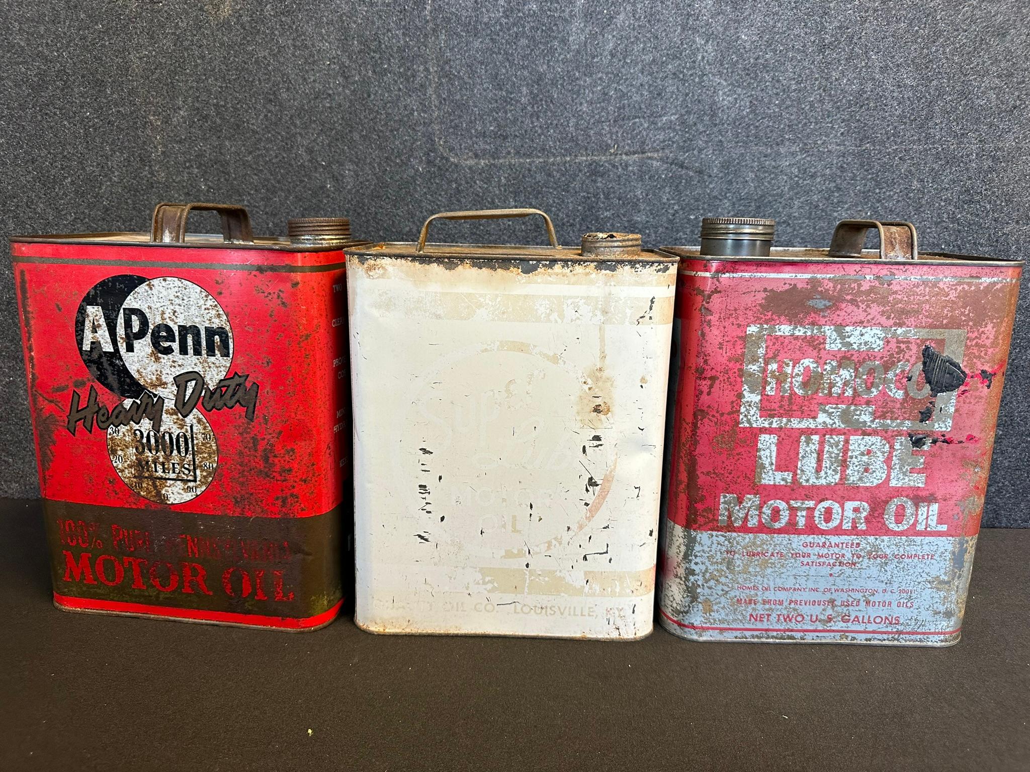 Lot of 3 Original 2 Gallon Motor Oil Cans: APENN, Super Lube Quality & Homoco Lube