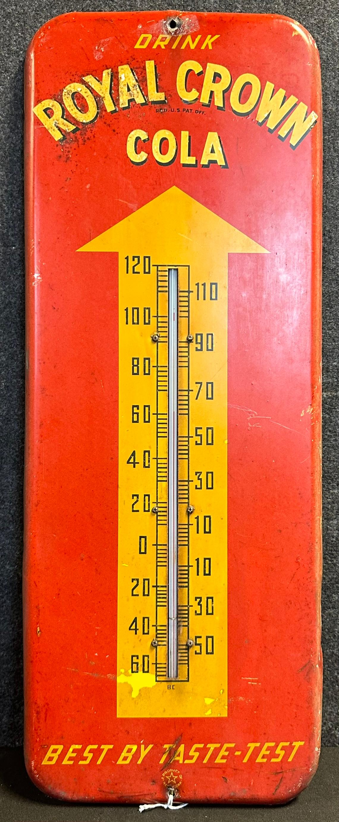Royal Crown 1950s Painted Metal Advertising Soda Pop Thermometer Sign