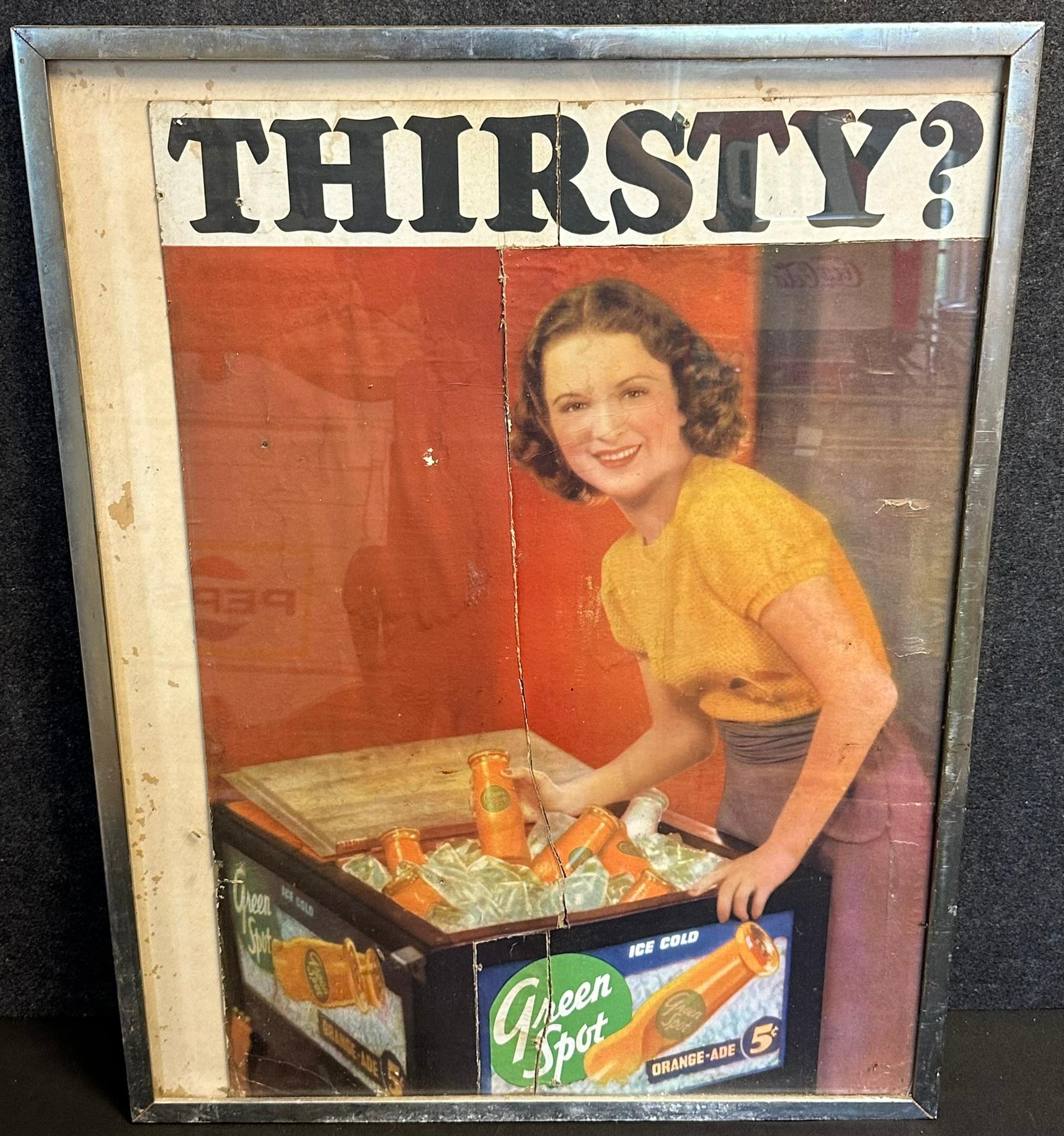 1937 Green Spot Orange Ade Thirsty? Cardboard Soda Pop Advertising Sign